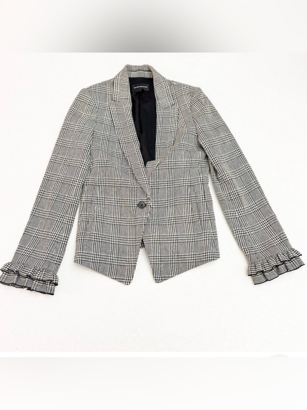 Club Monaco Black & White Glen Plaid Ruffle Women's Blazer - 4